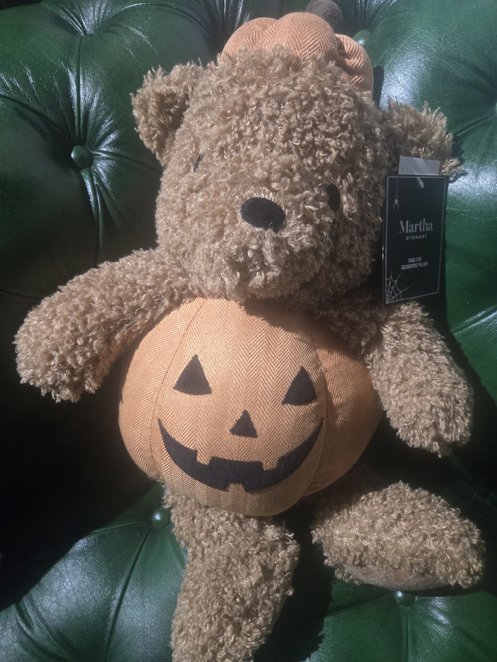 NWT Martha Stewart Halloween Pumpkin Teddy Bear Faux Fur Pillow Jack O Lantern